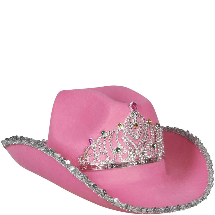 Cowboy Hat with Sequins & Tiara Pink shown against a plain white background — a novelties party item.