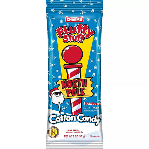 A 2 ounce package of Christmas North Pole Fluffy Stuff Cotton Candy.