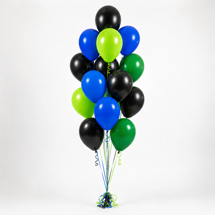 Gamer Birthday themed accent balloon bouquet with black, blue, green, and lime balloons, curling ribbon, and balloon weight.