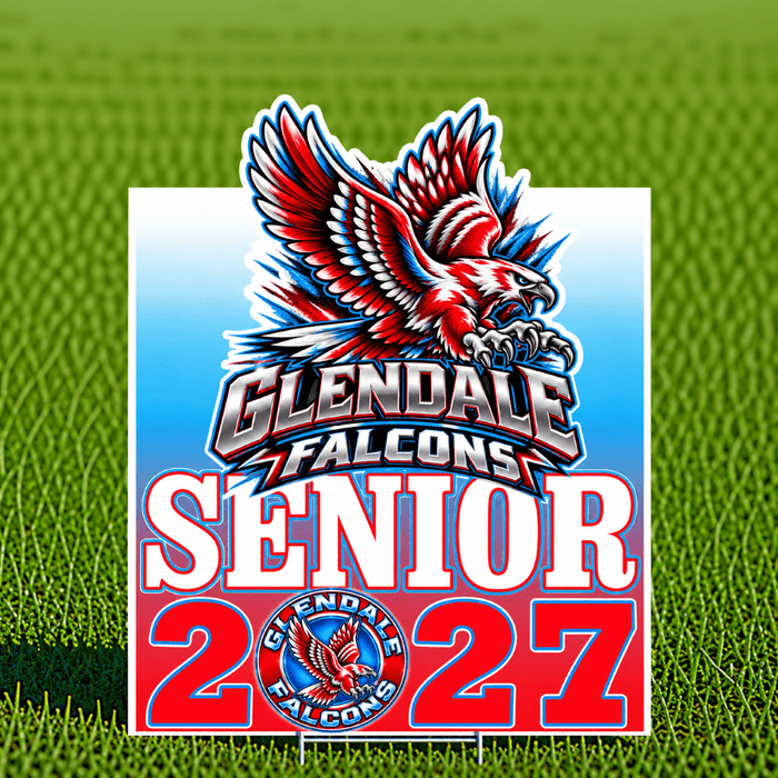 A rectangular Glendale Falcons Senior 2027 yard sign displayed on a green grass background. The sign features a large red, white, and blue eagle mascot above the text 'GLENDALE FALCONS SENIOR 2027' with a circular team logo at the bottom.
