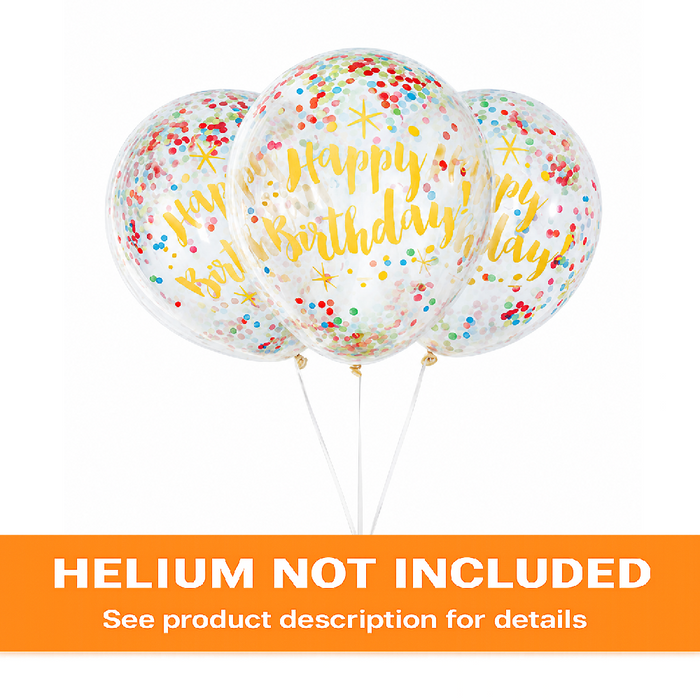 Clear 12-inch birthday latex balloons with colorful confetti, gold “Happy Birthday” lettering, and orange “Helium Not Included” banner at the bottom.