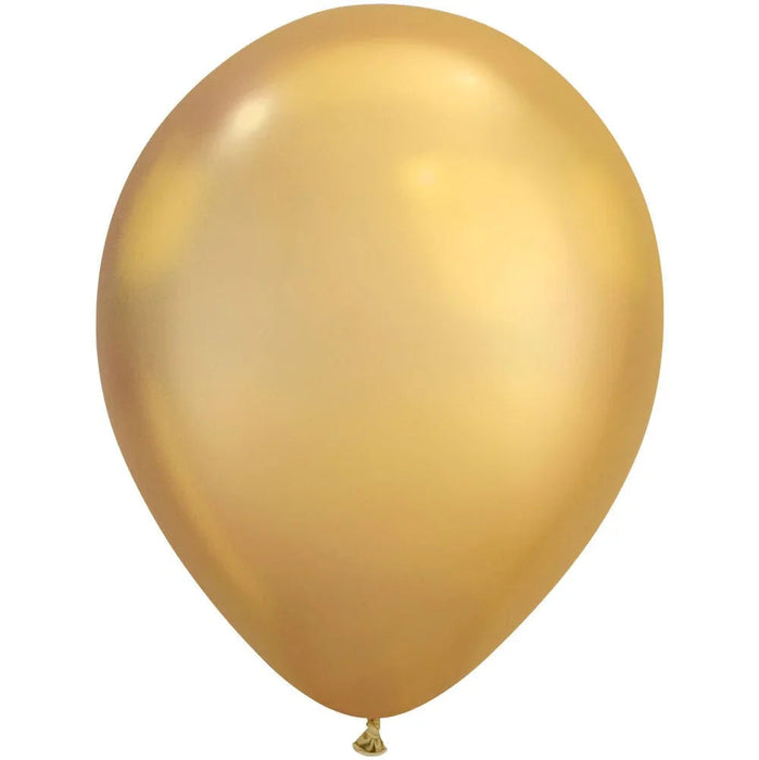 Shiny gold latex balloon with an oval shape and small tied knot at the bottom.