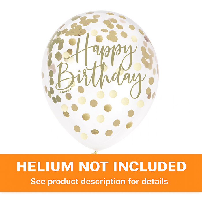 Clear 12-inch latex balloon with gold confetti and “Happy Birthday” lettering on a white background plus an orange banner stating "Helium Not Included".