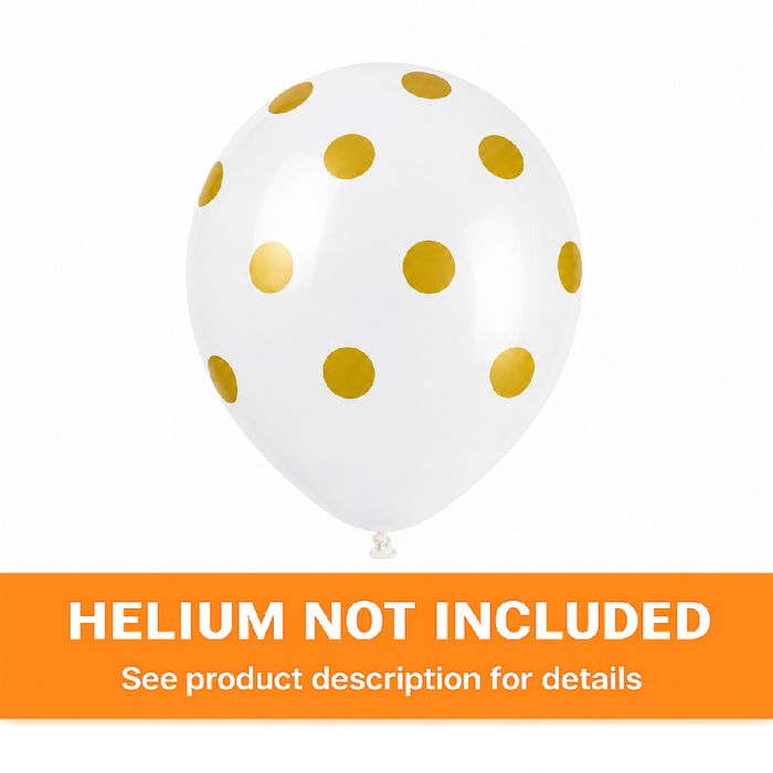 White 12-inch latex balloon with metallic gold polka dots and orange “Helium Not Included” banner at the bottom.