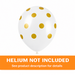 White 12-inch latex balloon with metallic gold polka dots and orange “Helium Not Included” banner at the bottom.