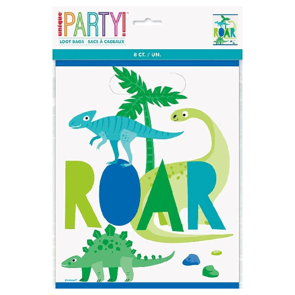 Package of eight dinosaur-themed loot bags featuring colorful illustrations of a blue dinosaur, green long-necked dinosaur, and spiky dinosaur with palm trees and the word "ROAR" in large letters.