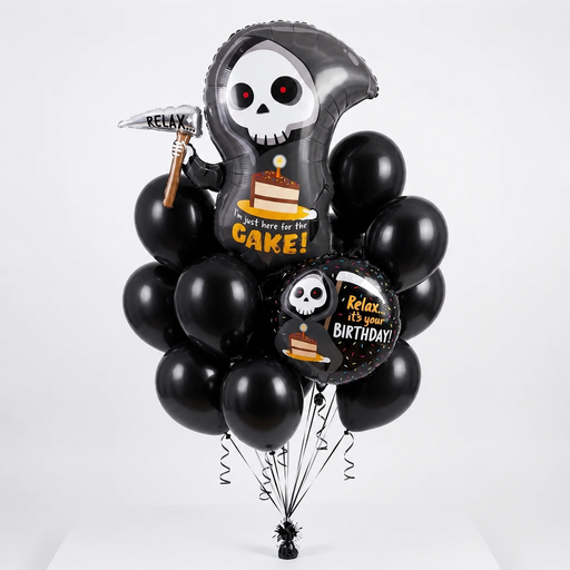 "Grim Reaper Birthday Balloon Bouquet - Here for the Cake" | 14pc