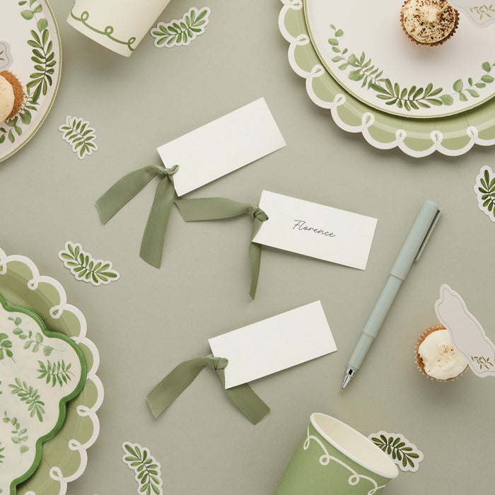 Product photo of Place Card With Green Satin Knot - Pack of 8 — a Hootyballoo party product shown on a plain background.