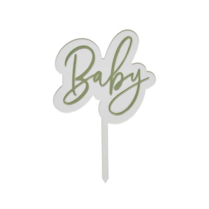 Product photo of Sage 'Baby' Acrylic Cake Topper — a Hootyballoo party product shown on a plain background.
