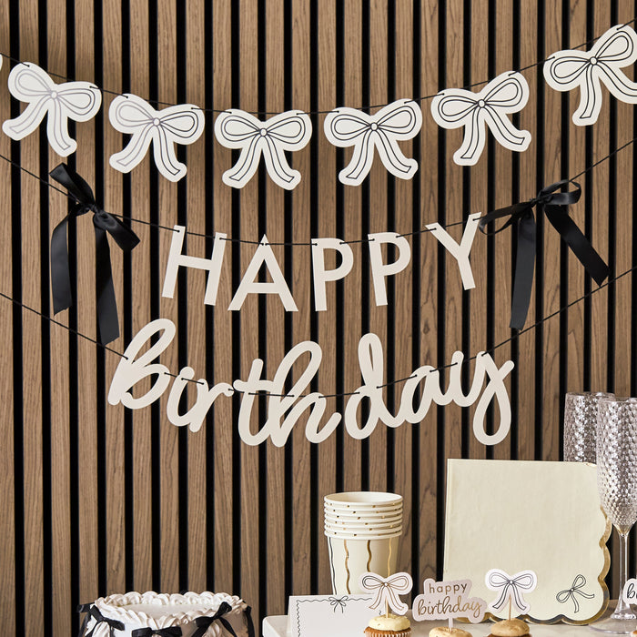 Product photo of Happy Birthday Card Banner With Black Satin Bows x2 2m — a Hootyballoo party product shown on a plain background.