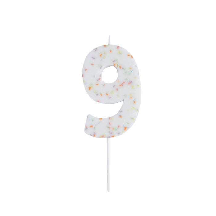 Product photo of Giant Sprinkle Number '9' Candle — a Hootyballoo party product shown on a plain background.