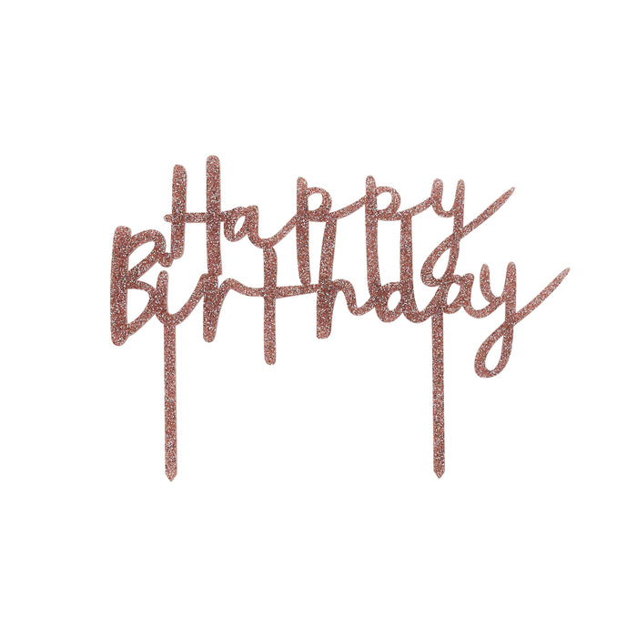 Product photo of Rose Gold 'Happy Birthday' Acrylic Cake Topper — a Hootyballoo party product shown on a plain background.