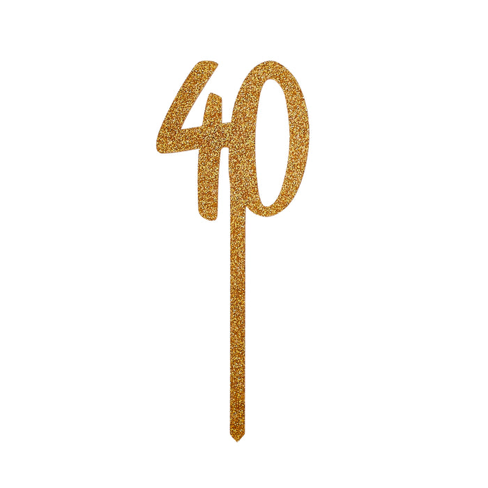 Product photo of Gold Number '40' Glitter Acrylic Cake Topper — a Hootyballoo party product shown on a plain background.