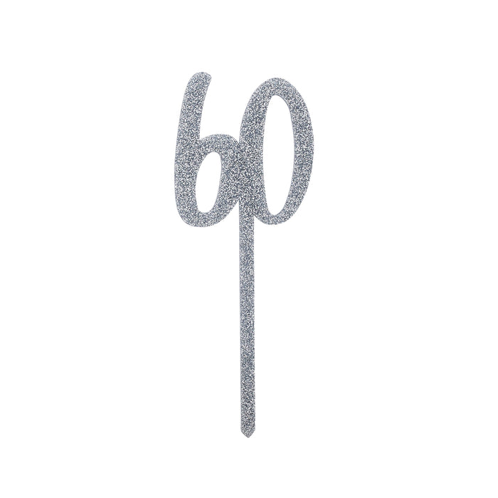 Product photo of Silver Number '60' Glitter Acrylic Cake Topper — a Hootyballoo party product shown on a plain background.