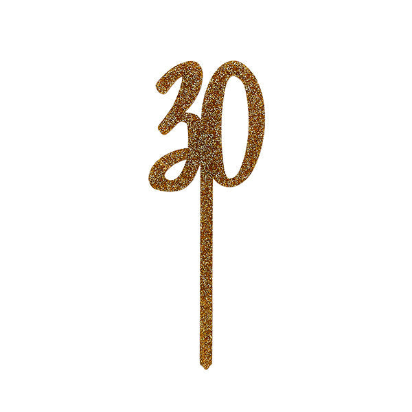 Product photo of Gold Number '30' Glitter Acrylic Cake Topper — a Hootyballoo party product shown on a plain background.