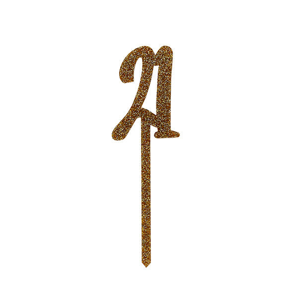 Product photo of Gold Number '21' Glitter Acrylic Cake Topper — a Hootyballoo party product shown on a plain background.