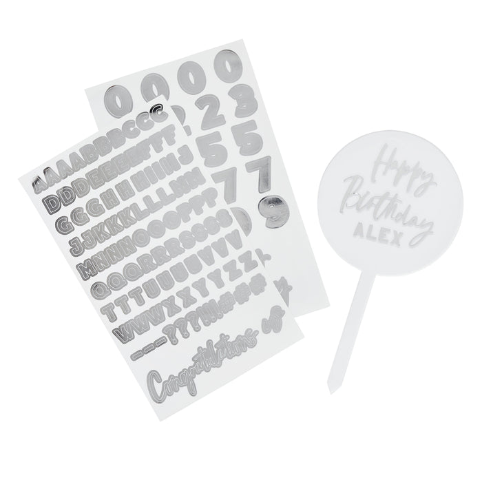 Product photo of Silver Customisable Acrylic Cake Topper — a Hootyballoo party product shown on a plain background.