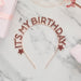 Product photo of Rose Gold 'Happy Birthday' Glitter Metal Headband — a Hootyballoo party product shown on a plain background.
