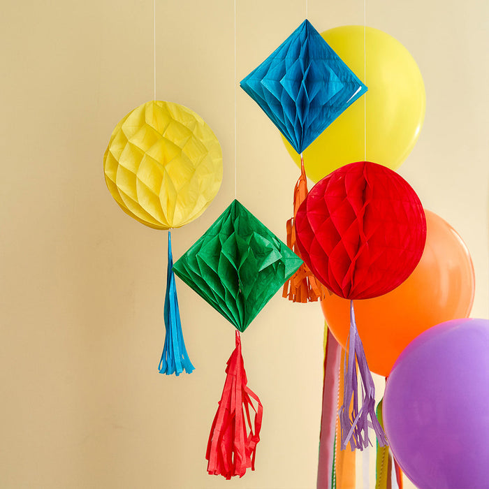 Product photo of Playful Brights Honeycombs with Tassels - Pack of 4 — a Hootyballoo party product shown on a plain background.