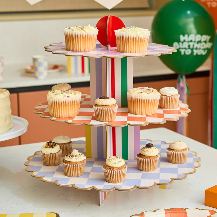 Product photo of Playful Brights 3 Tier Cake Stand — a Hootyballoo party product shown on a plain background.