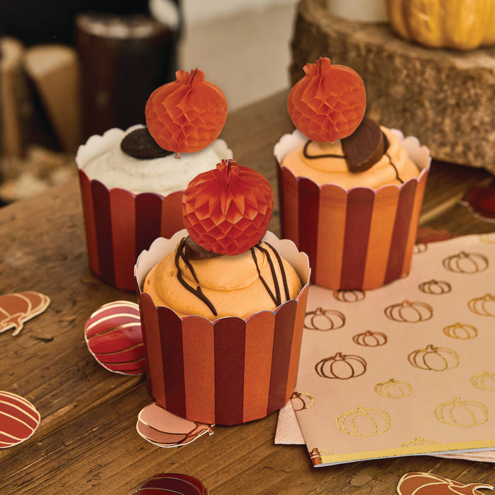 Product photo of Pumpkin Honeycomb Food Picks & Food Cup Set - Pack of 10 — a Hootyballoo party product shown on a plain background.