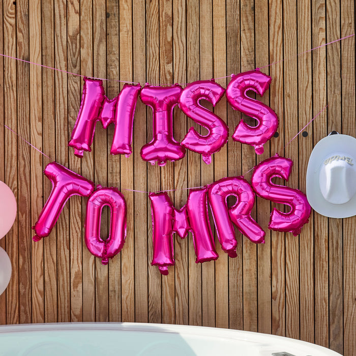 Product photo of Pink 'Miss to Mrs' 16" Foil Balloon Garland — a Hootyballoo party product shown on a plain background.