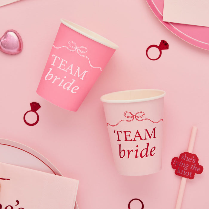 Product photo of Pink 'Team Bride' Paper Cups - Pack of 8 — a Hootyballoo party product shown on a plain background.