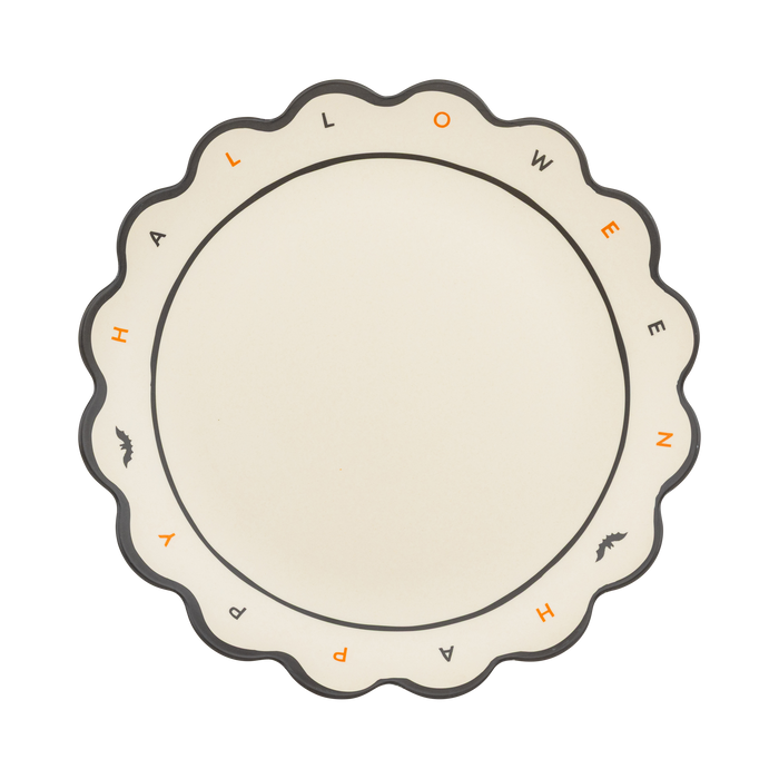 Round serving tray with 'HALLOWEEN' text on a white background