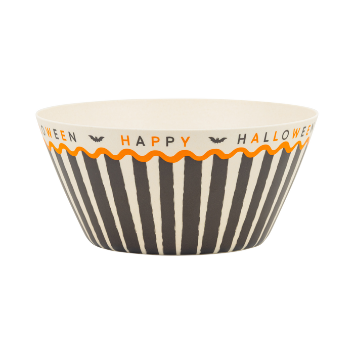 Halloween-themed bowl with striped design and "Happy Halloween" text on a white background