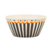 Halloween-themed bowl with striped design and "Happy Halloween" text on a white background