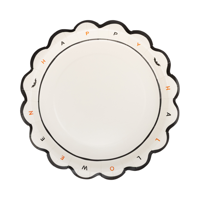 Round decorative plate with Halloween-themed text and graphics on a white background
