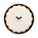 Halloween-themed paper plate with bat design and 'trick or treat' text on a white background
