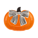 Pumpkin-shaped paper plate with a black and white bow on a white background