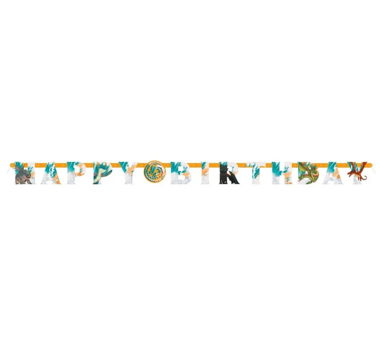 A horizontal 'HAPPY BIRTHDAY' banner garland with colorful tropical and beach-themed letter cutouts on a white background.