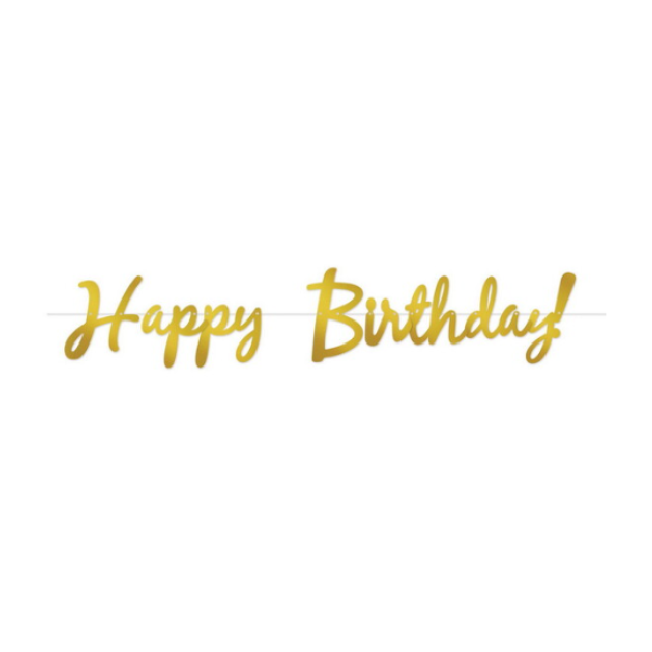Gold metallic foil 'Happy Birthday!' banner script on a white background.
