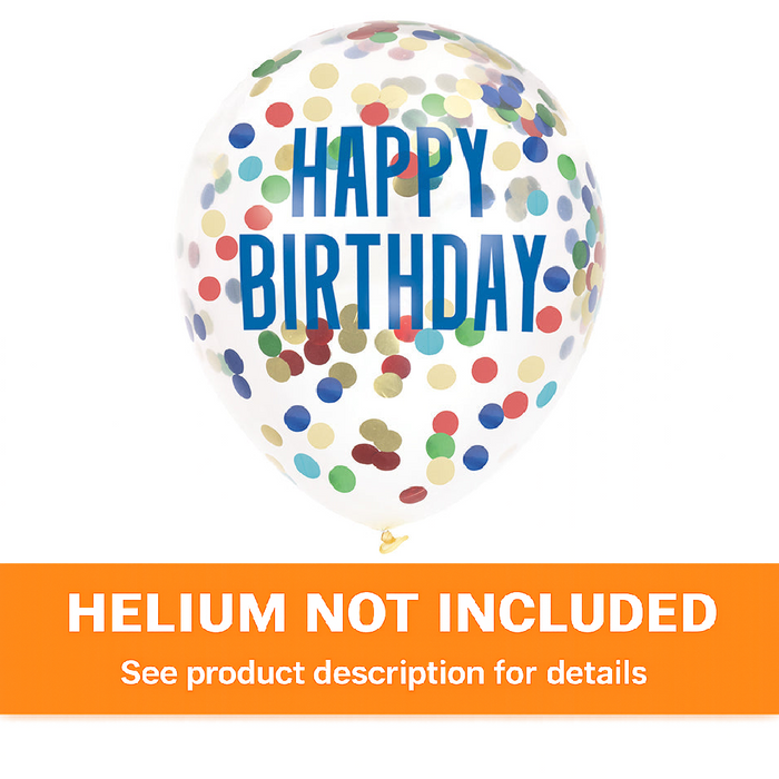 Clear 12-inch latex balloon with colorful confetti, blue “Happy Birthday” lettering, and orange “Helium Not Included” banner at the bottom.
