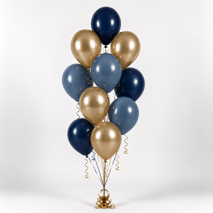 Harry Potter Ravenclaw themed balloon bouquet with navy blue, dusty blue, and metallic gold latex balloons arranged with matching curling ribbon and a balloon weight.
