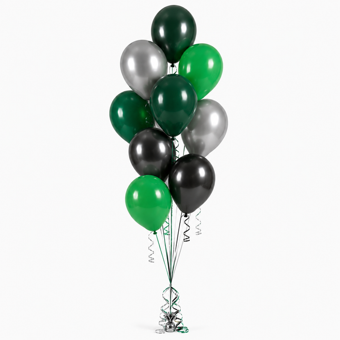 Harry Potter Slytherin themed balloon bouquet with green, deep emerald, metallic black, and silver latex balloons arranged with matching curling ribbon, balloon weight, and transport bag.
