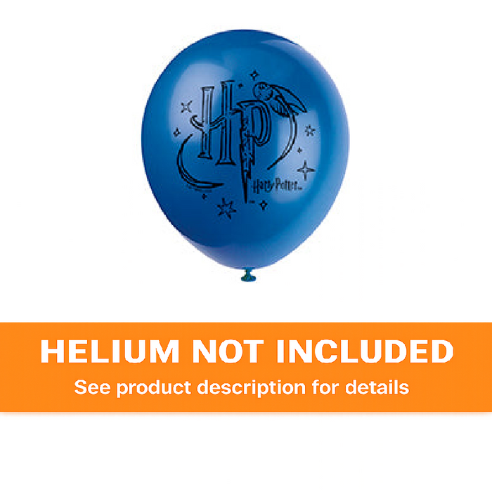 Blue 12-inch Harry Potter latex balloon with black themed graphic and orange “Helium Not Included” banner at the bottom.