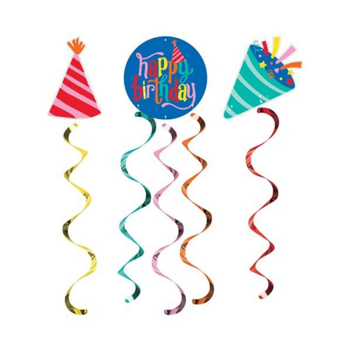Three colorful birthday party decorations on a white background: a red and white striped party hat with a gold tassel, a round blue 'Happy Birthday' sign, and a green and white striped party horn with confetti and a red spiral streamer.