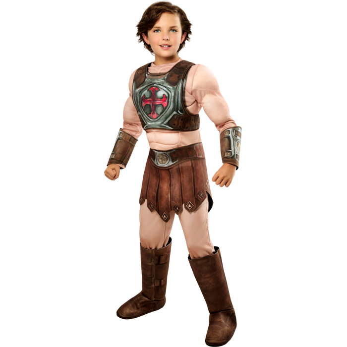 Child He-Man Deluxe Costume featuring a muscle chest jumpsuit with silver armor, brown loincloth, wrist gauntlets, and boot covers inspired by the classic Masters of the Universe hero.