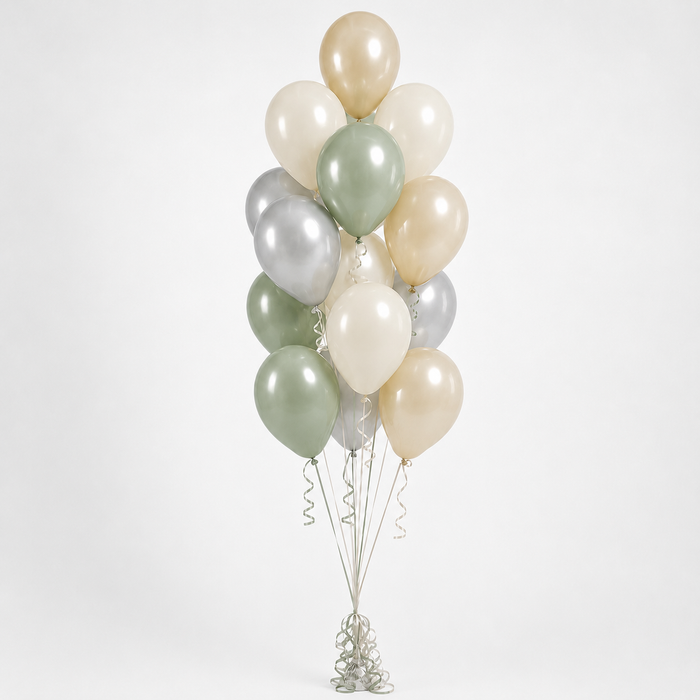 Hello Little One Themed Accent Bouquet with sage green, champagne, beige, and silver latex balloons arranged with matching ribbons, designed to coordinate with Hello Little One baby shower products.
