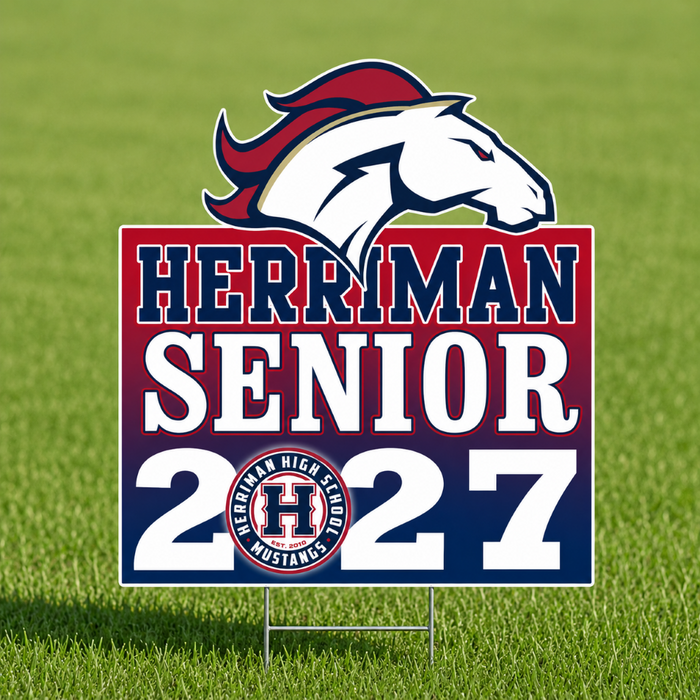A square graphic design for a Herriman Senior 2027 athletic badge or sticker, featuring a white horse head with red and navy details above the text 'HERRIMAN SENIOR 2027' and a circular 'Herriman High School Mustangs' emblem, on a white background.