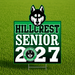 A green and white 'Hillcrest Senior 2027' yard sign featuring a husky mascot logo, displayed on a green grass background.