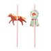 A pair of light pink paper straws with fun straw toppers. One features a warm brown horse with a tan main and the other features a mint green and floral award ribbon with a small horse icon in the center of the ribbon. 
