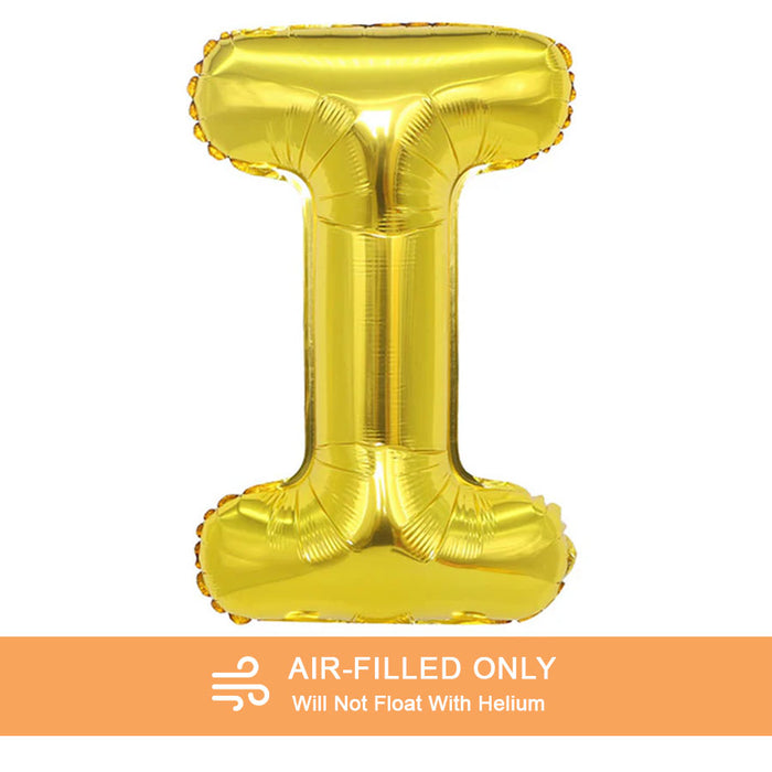 A 16-inchAir Filled Gold Mylar Letter Balloon in the letter I.