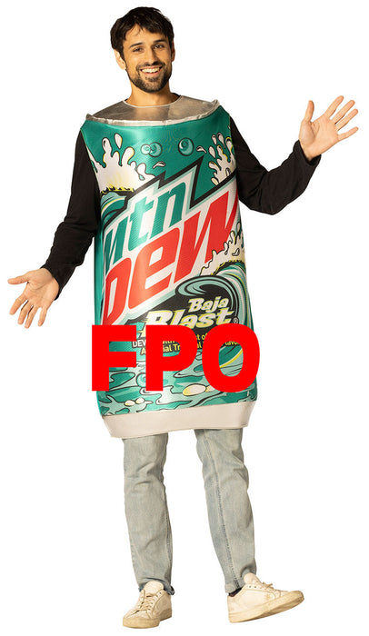 Full-length product photo of the Mountain Dew Baja Blast Can Costume, a soft wear-it Rasta Imposta mountain dew baja blast can costume worn by an adult, shown against a plain white background — a fun dress-up piece for Halloween and costume parties.