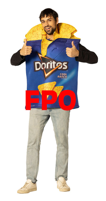 Full-length product photo of the Doritos Cool Ranch Open Bag Costume, a soft wear-it Rasta Imposta doritos cool ranch open bag costume worn by an adult, shown against a plain white background — a fun dress-up piece for Halloween and costume parties.