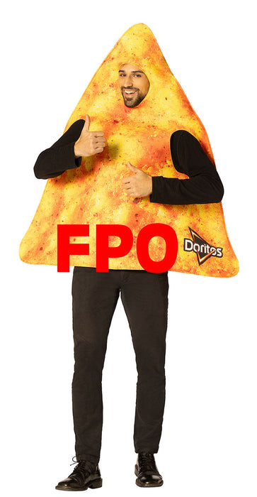 Full-length product photo of the Doritos Chip Costume, a soft wear-it Rasta Imposta doritos chip costume worn by an adult, shown against a plain white background — a fun dress-up piece for Halloween and costume parties.