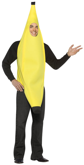 Full-length product photo of the Banana Costume, a soft wear-it Rasta Imposta banana costume worn by an adult, shown against a plain white background — a fun dress-up piece for Halloween and costume parties.